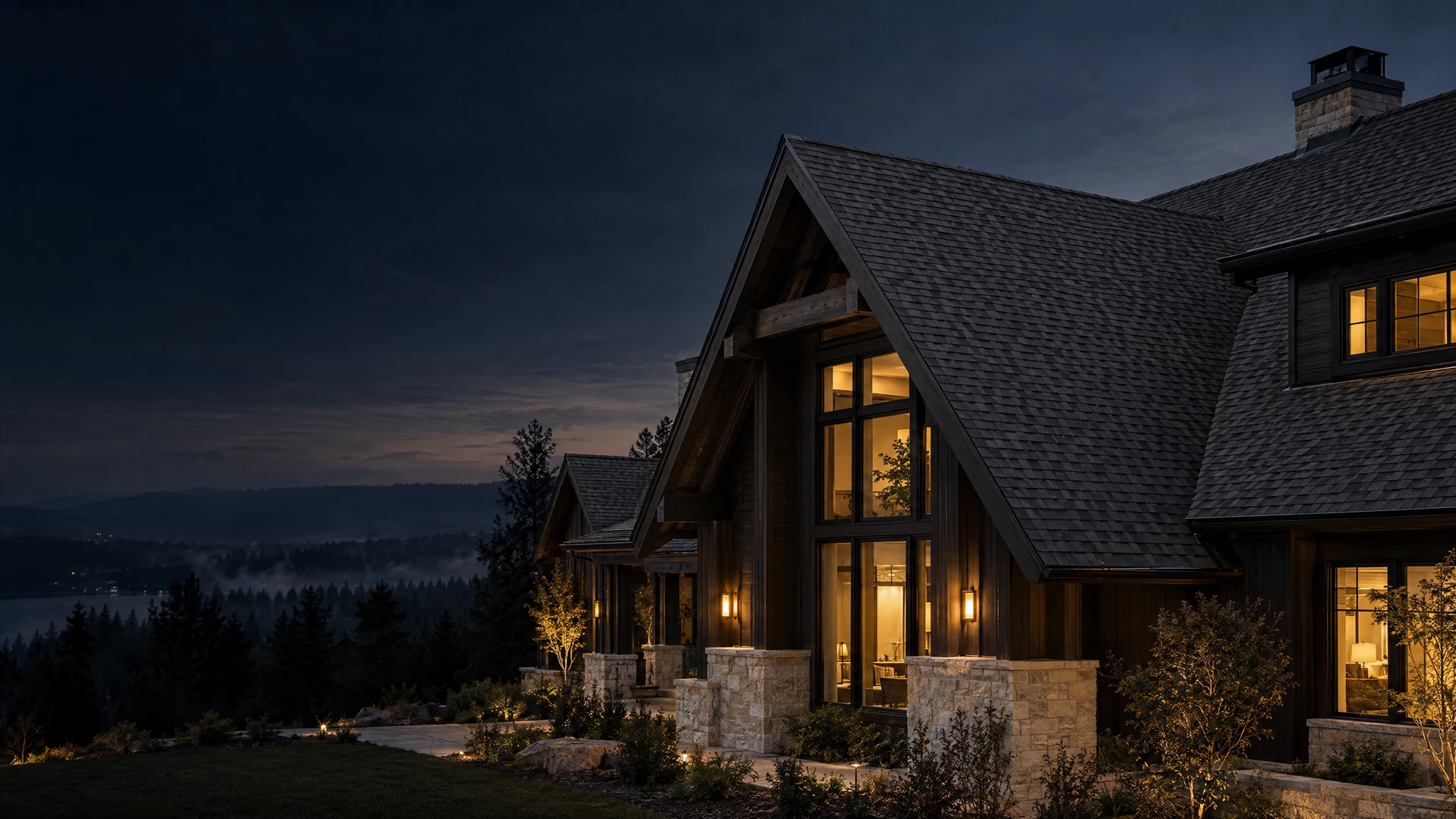Architectural concept of a charcoal shingle roof at dusk